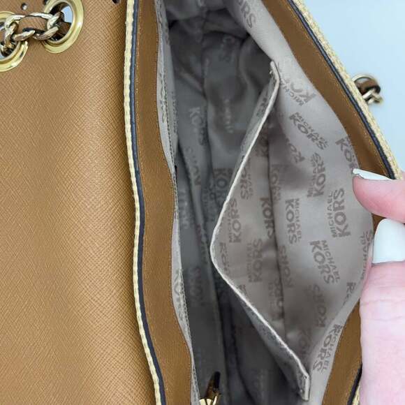 Michael Kors Vivian Tan Leather & Rattan Crossbody Purse - Picture 11 of 15
